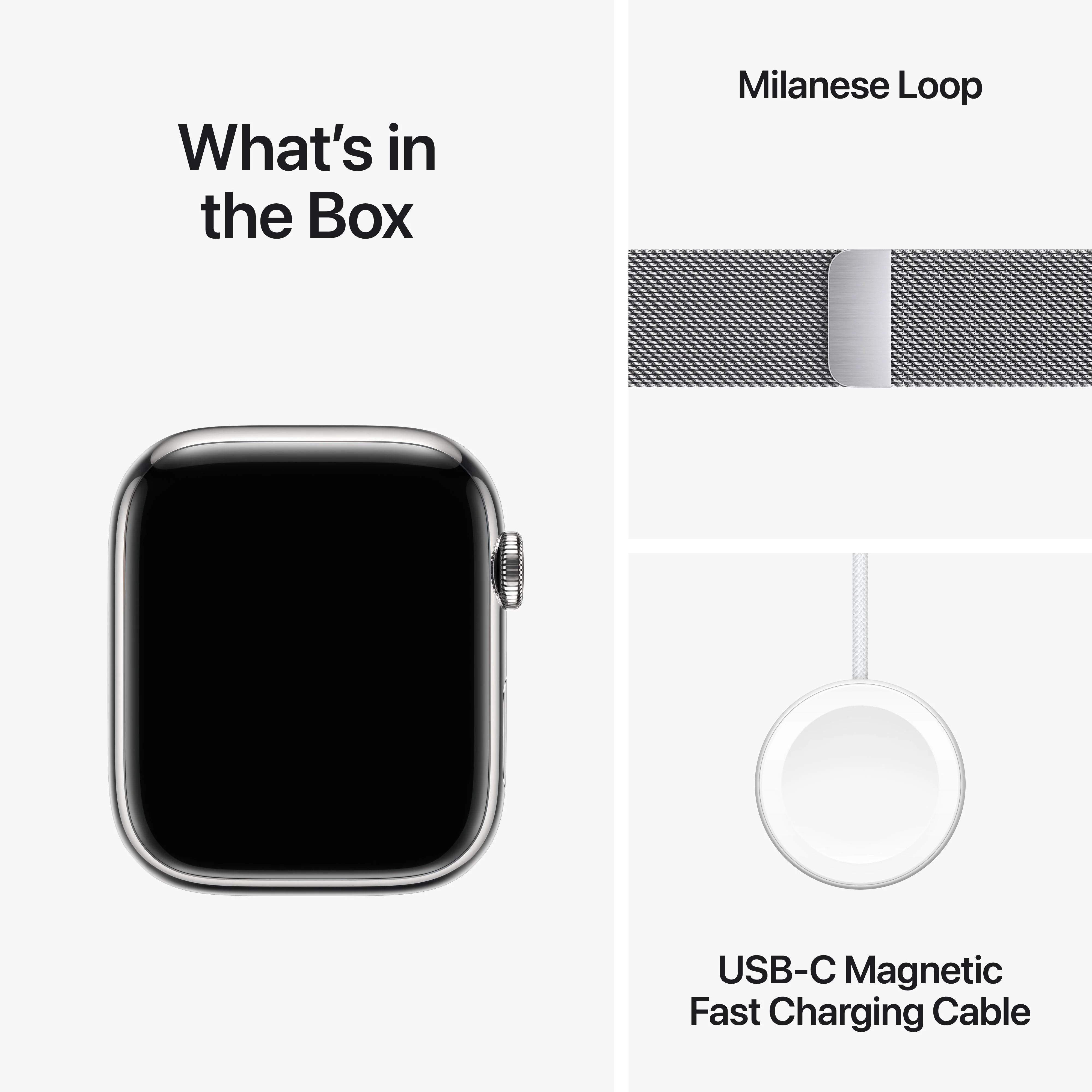 Apple Watch Series 9 GPS + Cellular 45mm Silver Stainless Steel Case with Silver Milanese Loop - Image 10