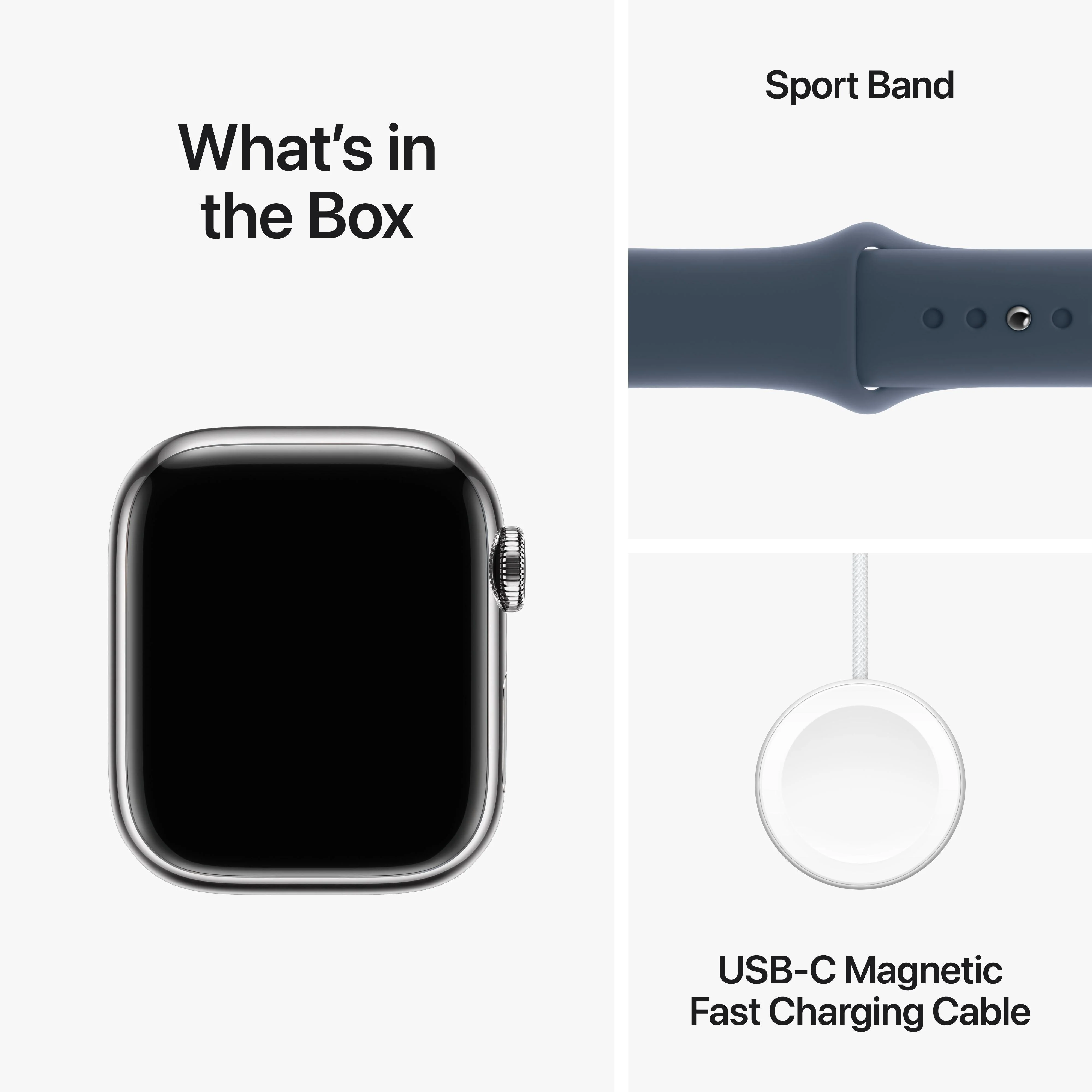 Apple Watch Series 9 GPS + Cellular 41mm Silver Stainless Steel Case with Storm Blue Sport Band - M/L - Image 10