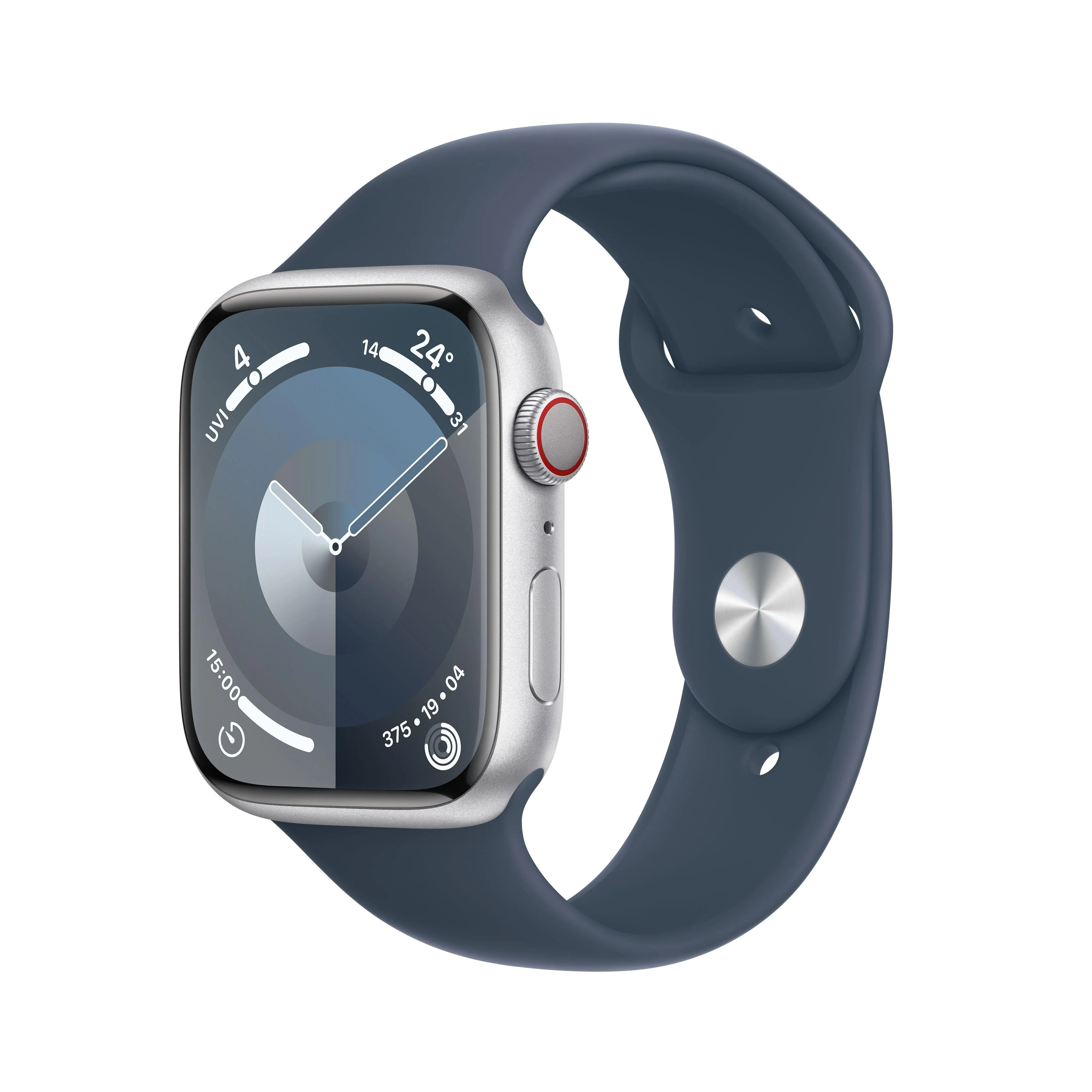 Apple Watch Series 9 GPS + Cellular 45mm Silver Aluminium Case with Storm Blue Sport Band - M/L